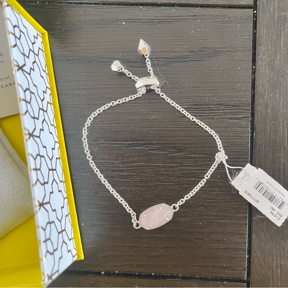 Kendra Scott Silver Bracelet with Light Pink Stone Box,Bow,Drawstring Bag & Tag